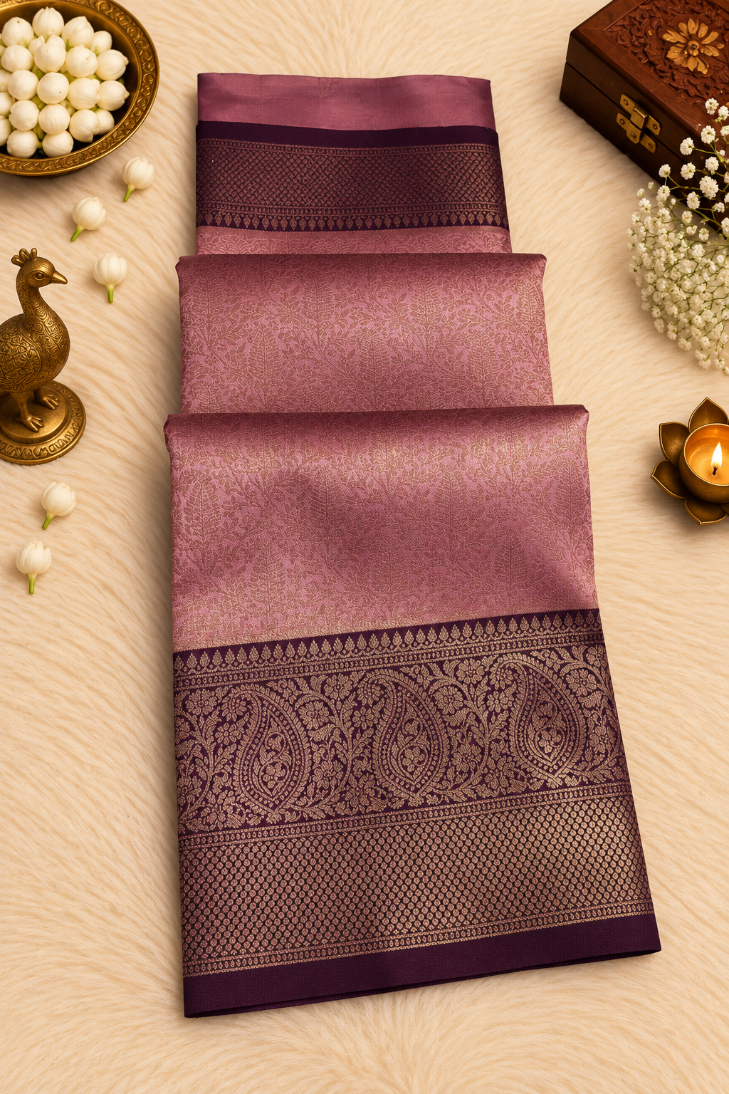 Lavender & Purple Silk Saree with Gold Zari Floral & Paisley Weave