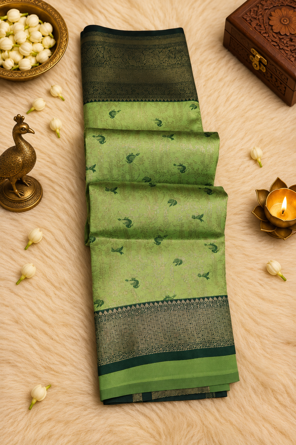 Pistachio Green & Dark Green Silk Saree with Gold Zari Weave
