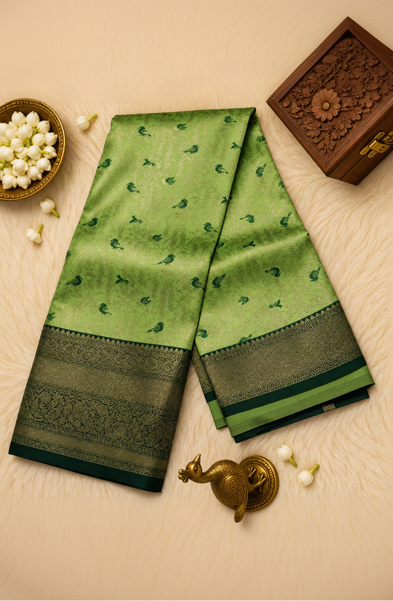 A folded green silk saree with a wide black and gold border and small green floral motifs, displayed on a beige faux fur surface with decorative props including a peacock figurine, white flowers, and a wooden box.