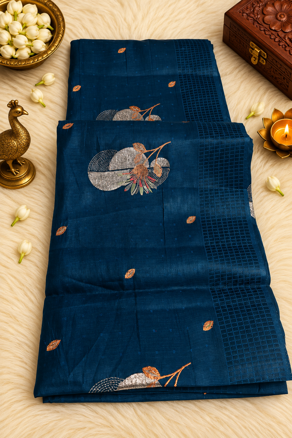 Teal Blue Silk Saree with Floral Embroidery