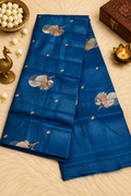 Teal Blue Silk Saree with Floral Embroidery