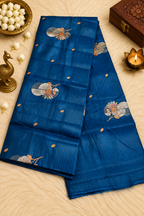 Teal Blue Silk Saree with Floral Embroidery