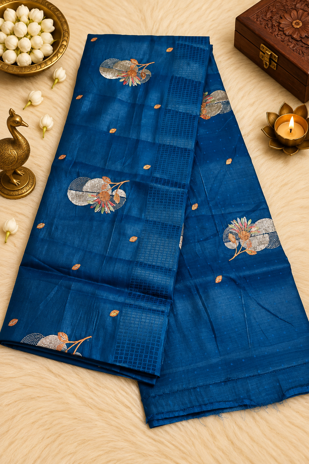 Teal Blue Silk Saree with Floral Embroidery