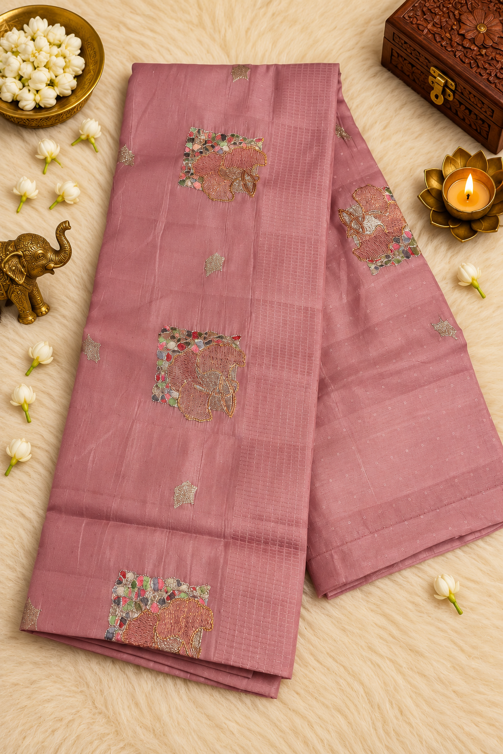 Dusty Rose Pink Silk Saree with Floral Zari Embroidery