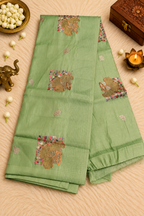 Apple Green Silk Saree with Floral Zari Embroidery