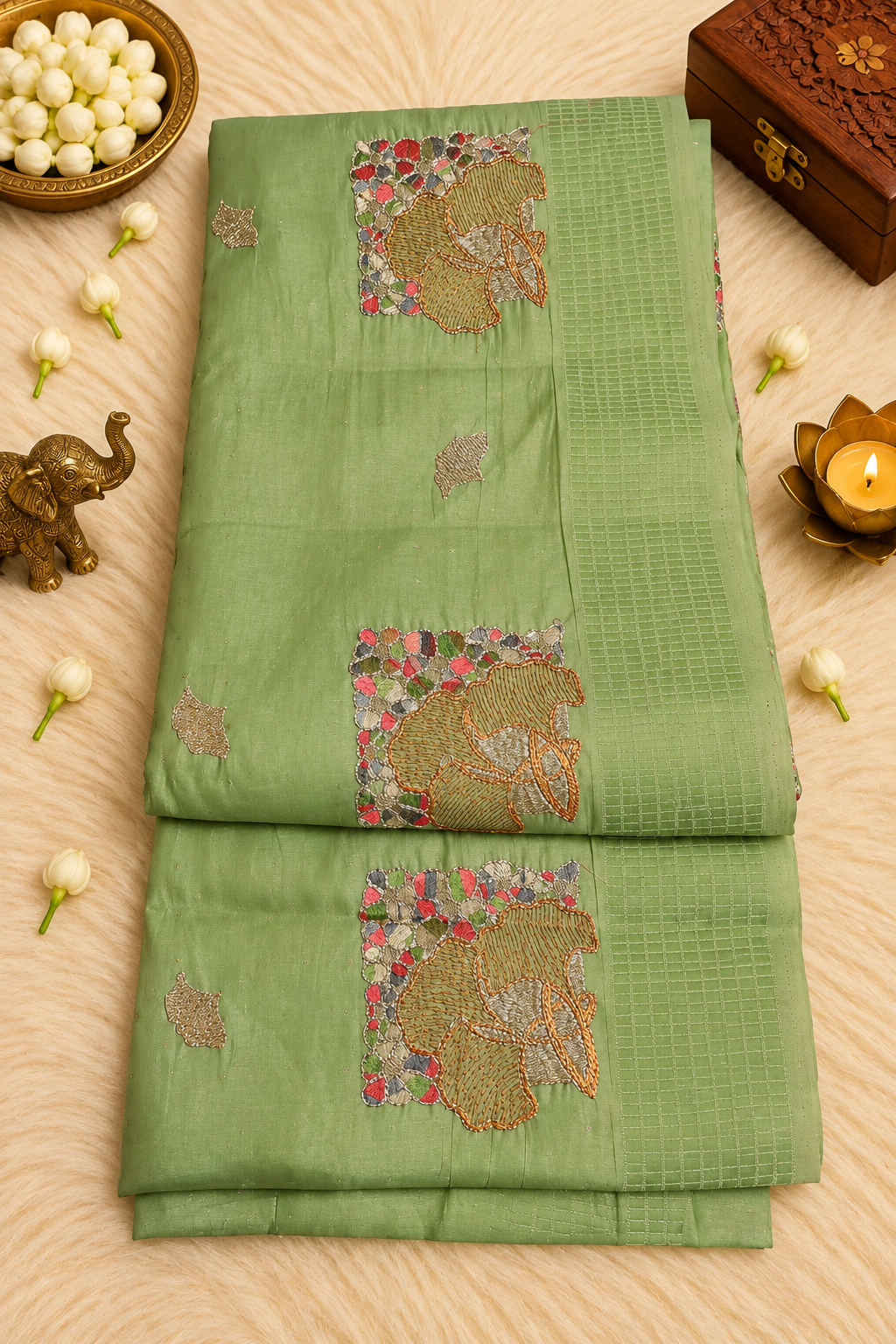 Apple Green Silk Saree with Floral Zari Embroidery