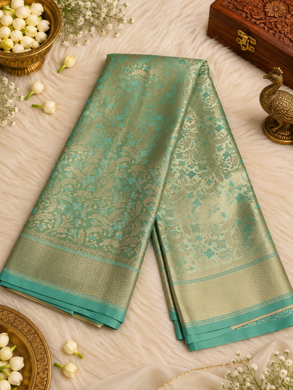 Soft Mint Green Silk Saree with Silver Zari Floral Weave