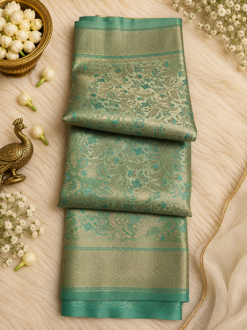 Soft Mint Green Silk Saree with Silver Zari Floral Weave