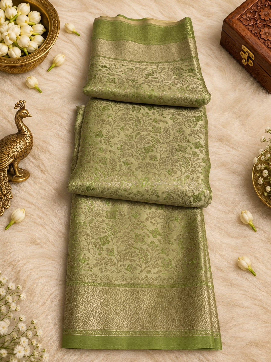 Pista Green Silk Saree with Silver Zari Floral Weave