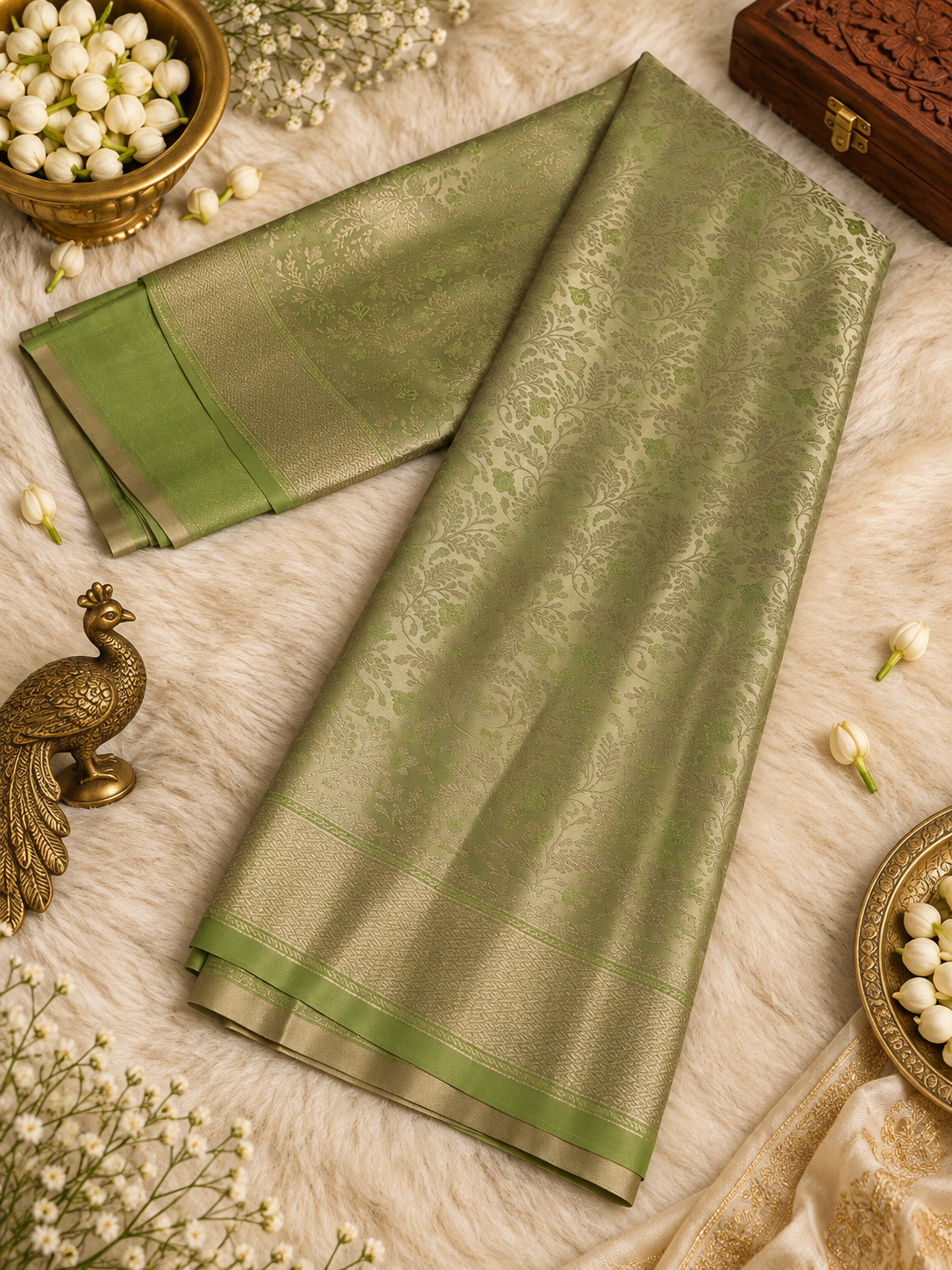 Pista Green Silk Saree with Silver Zari Floral Weave