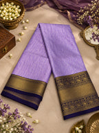 Lavender Purple Silk Saree with Navy Blue & Antique Gold Zari Border