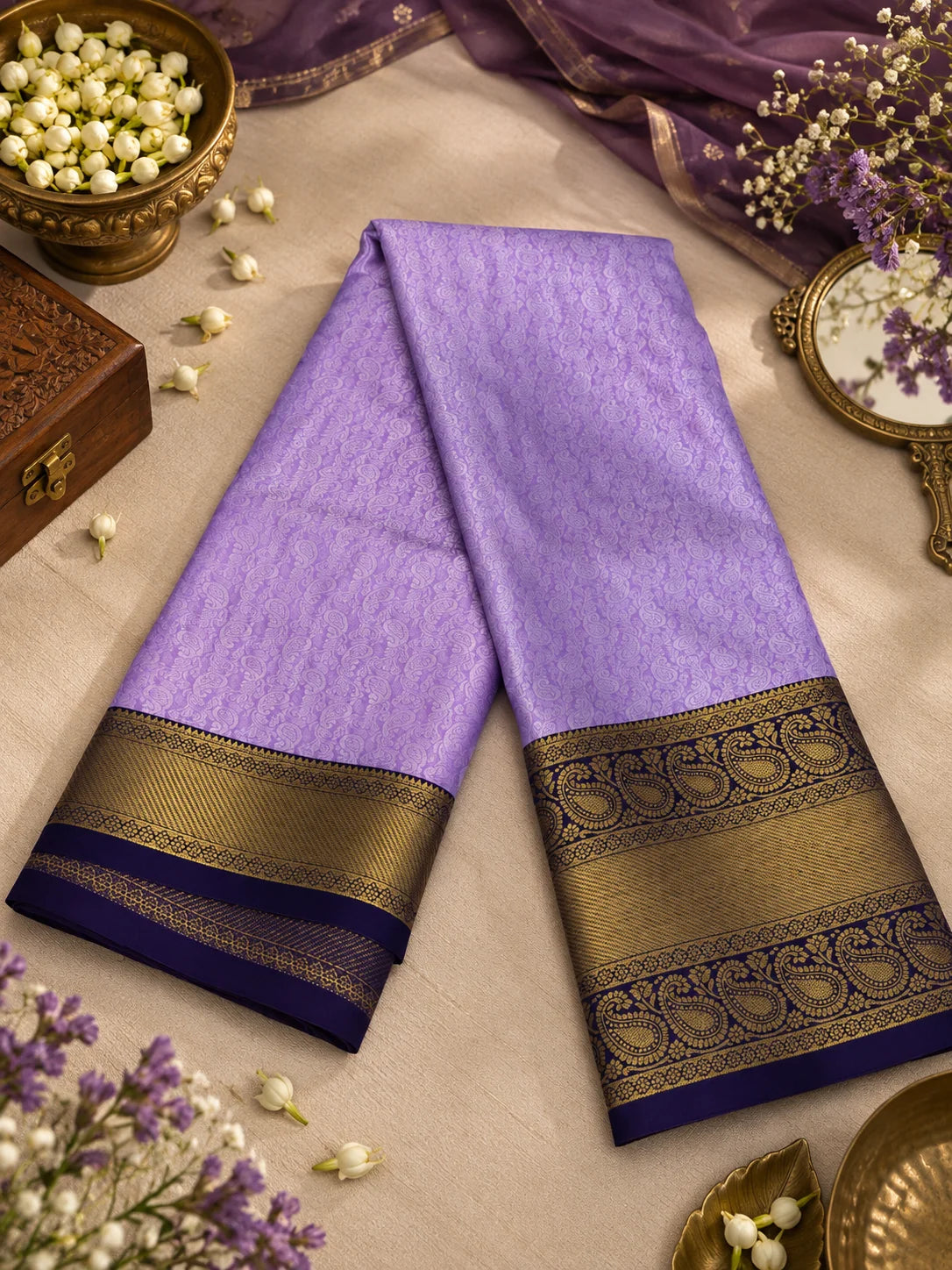 Lavender Purple Silk Saree with Navy Blue & Antique Gold Zari Border