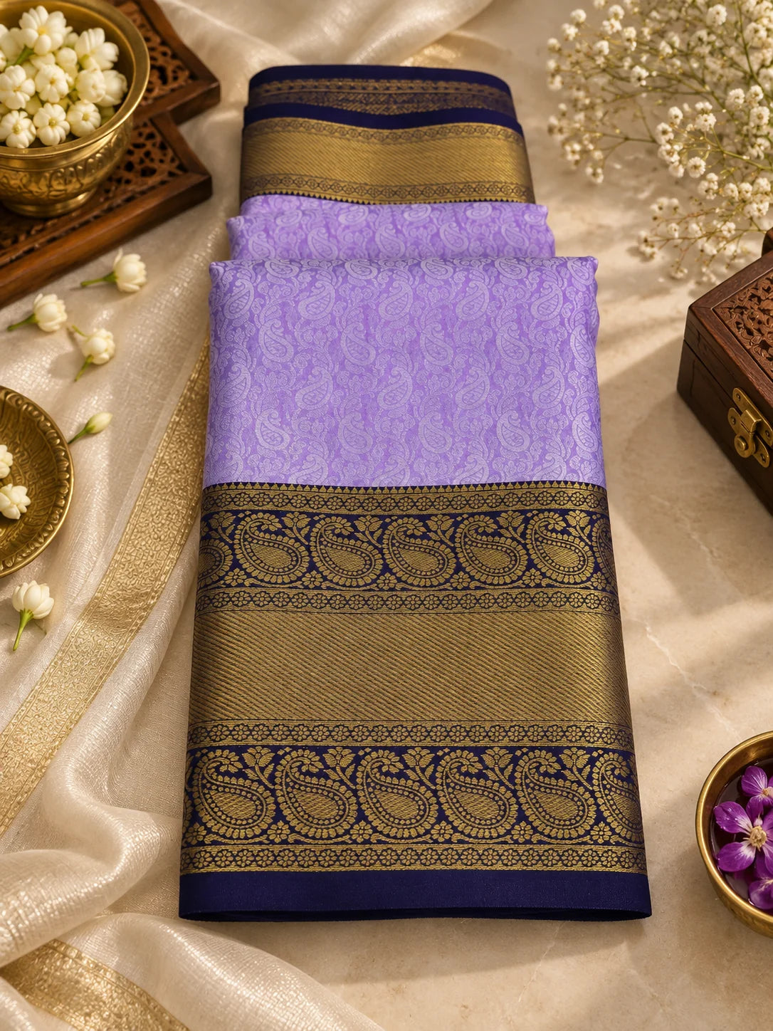 Lavender Purple Silk Saree with Navy Blue & Antique Gold Zari Border