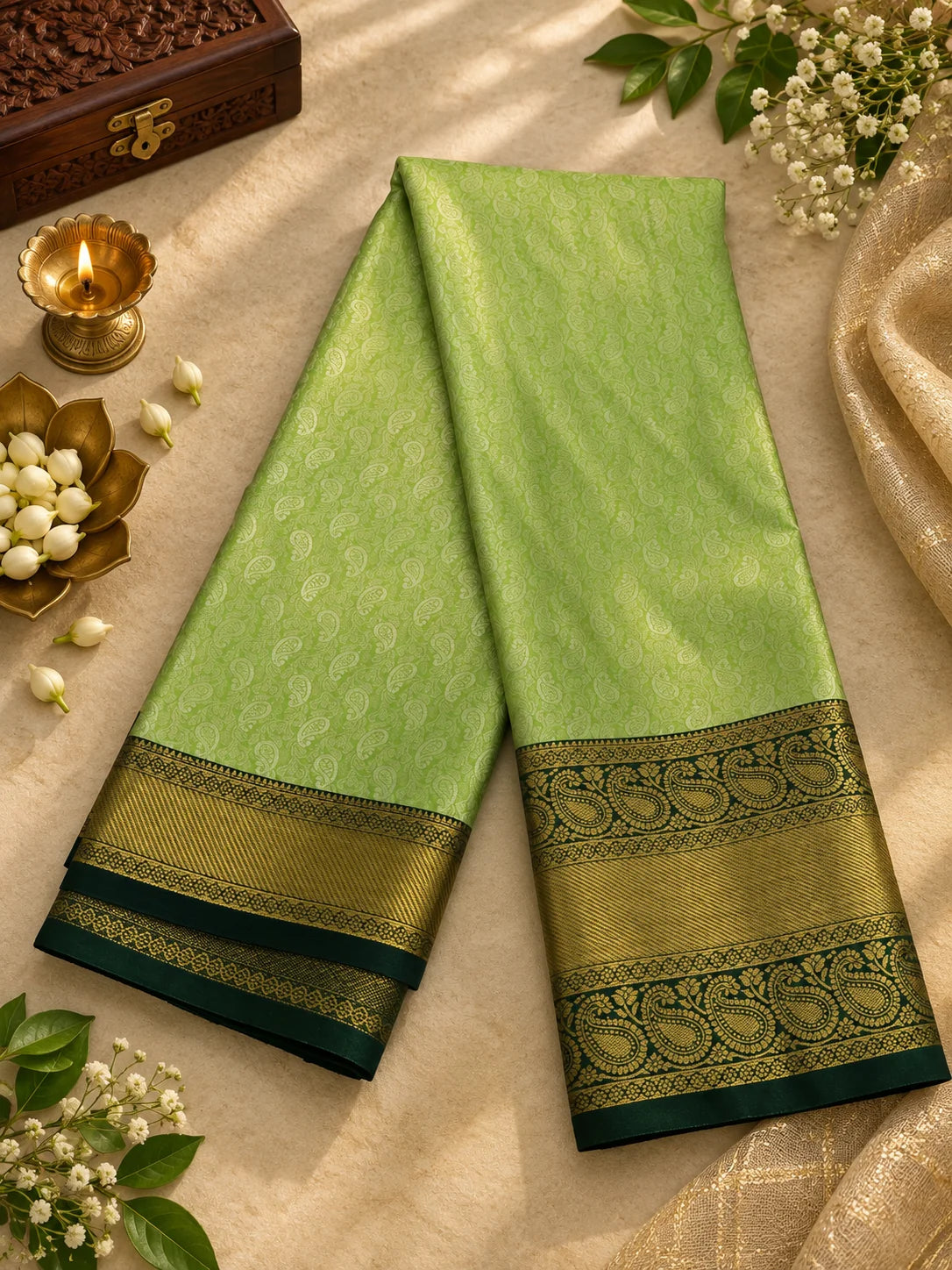 Pista Green Silk Saree with Deep Green & Antique Gold Zari Border