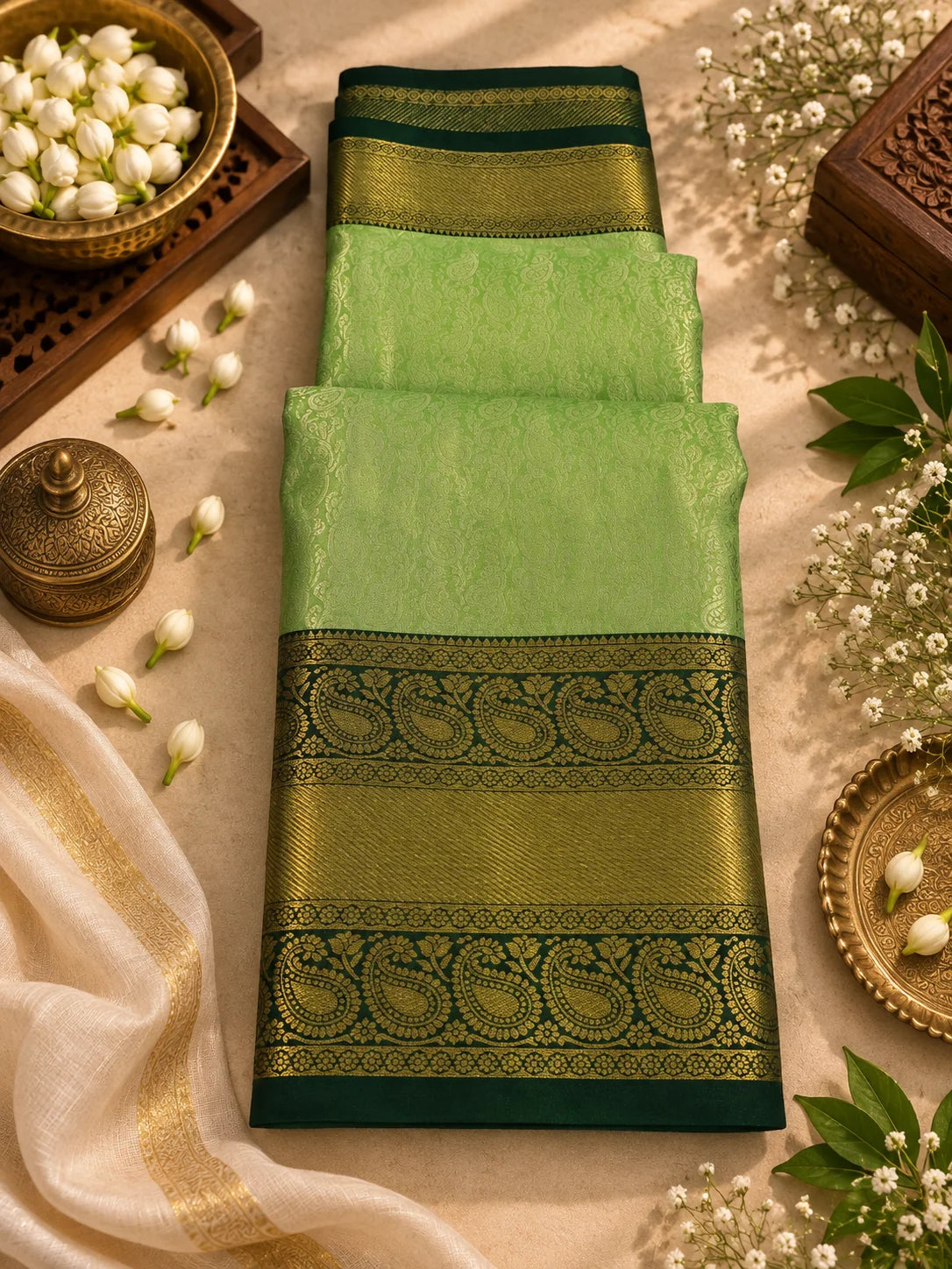 Pista Green Silk Saree with Deep Green & Antique Gold Zari Border
