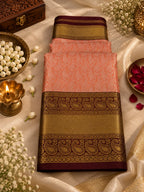 Peach Silk Saree with Deep Wine & Antique Gold Zari Border