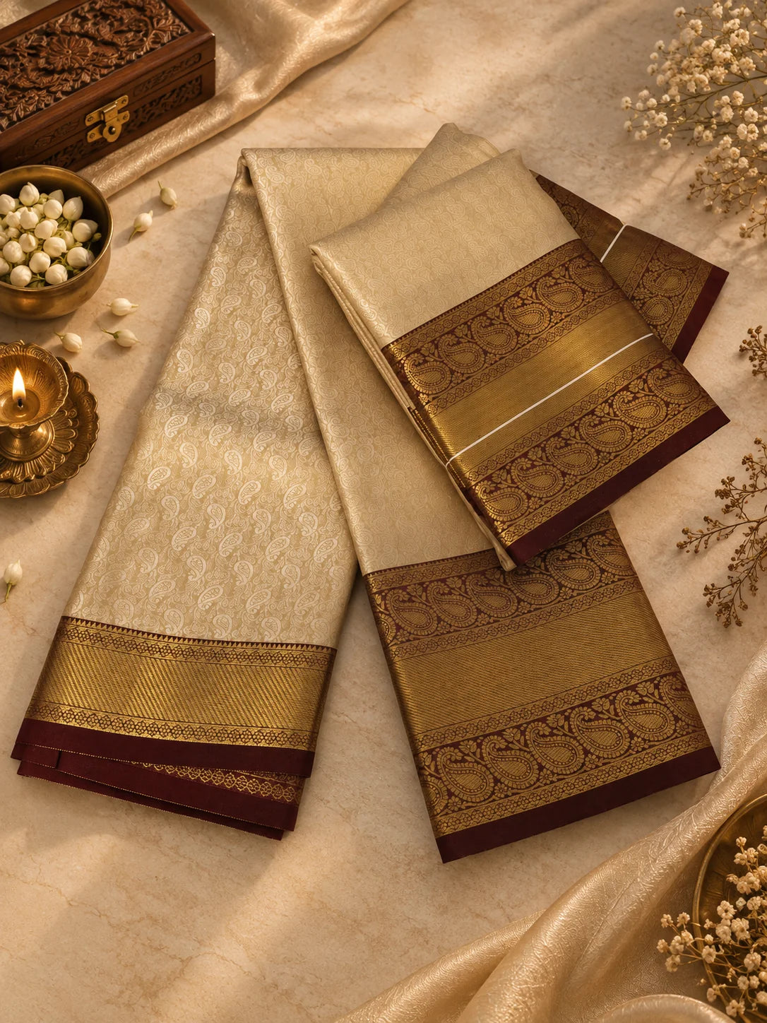 Champagne Beige Silk Saree with Deep Wine & Antique Gold Zari Border