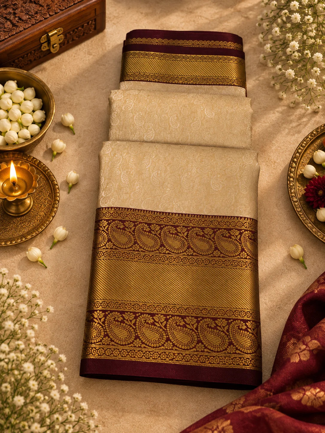 Champagne Beige Silk Saree with Deep Wine & Antique Gold Zari Border
