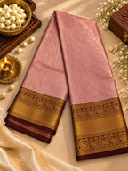 Blush Rose Pink Silk Saree with Deep Wine & Antique Gold Zari Border