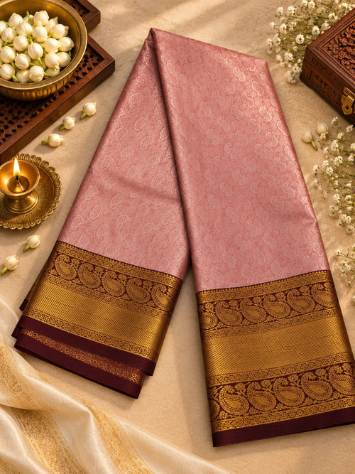 Blush Rose Pink Silk Saree with Deep Wine & Antique Gold Zari Border