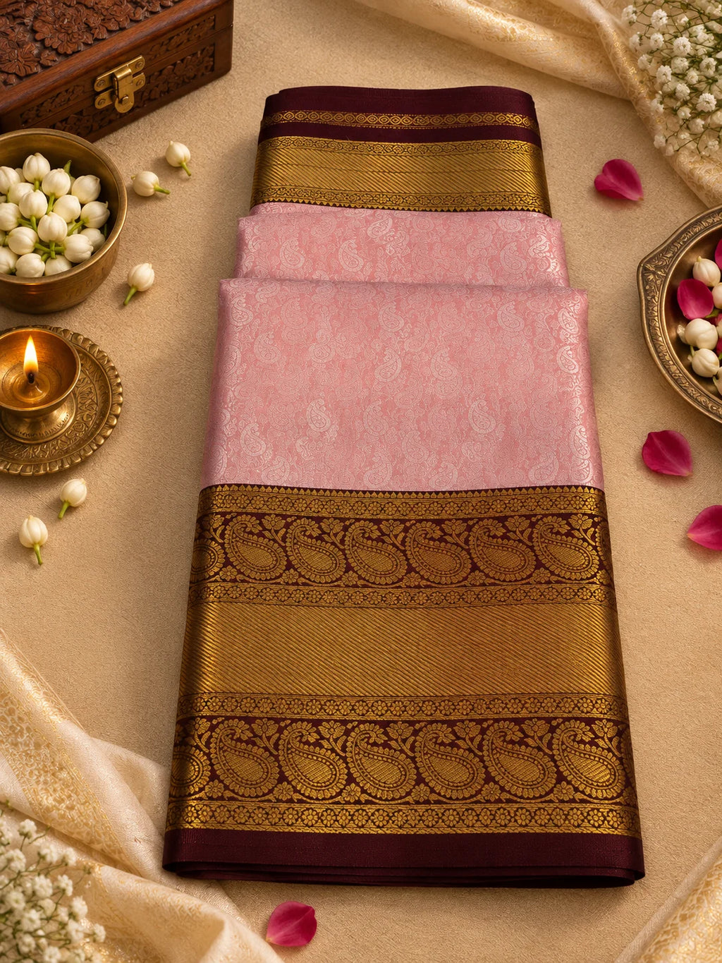 Blush Rose Pink Silk Saree with Deep Wine & Antique Gold Zari Border