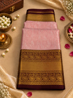 Blush Rose Pink Silk Saree with Deep Wine & Antique Gold Zari Border