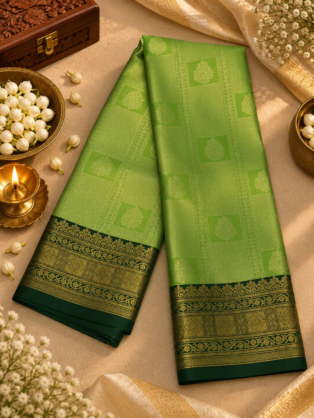Parrot Green Silk Saree with Deep Green & Antique Gold Zari Border