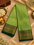 Parrot Green Silk Saree with Deep Green & Antique Gold Zari Border