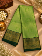 Parrot Green Silk Saree with Deep Green & Antique Gold Zari Border