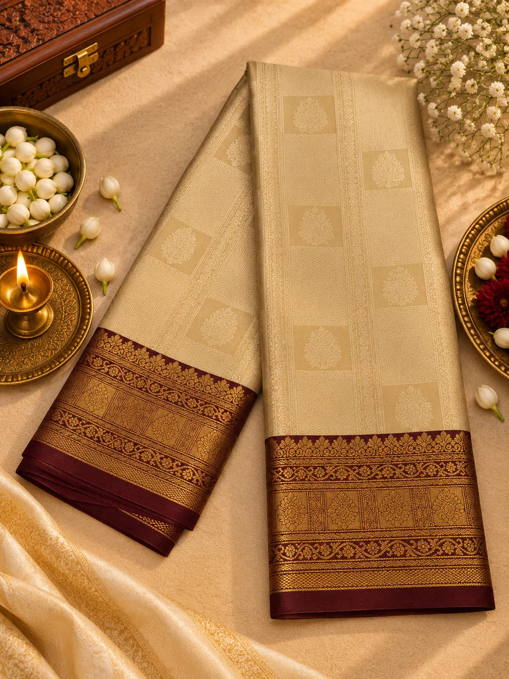 Cream Beige Silk Saree with Maroon & Antique Gold Zari Border