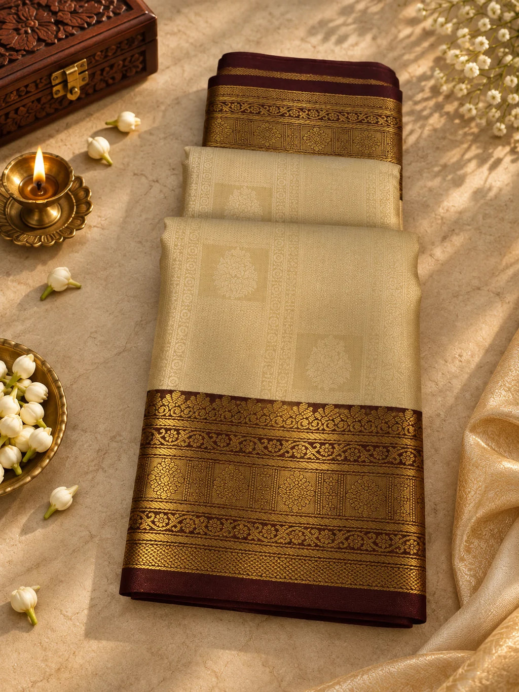 Cream Beige Silk Saree with Maroon & Antique Gold Zari Border