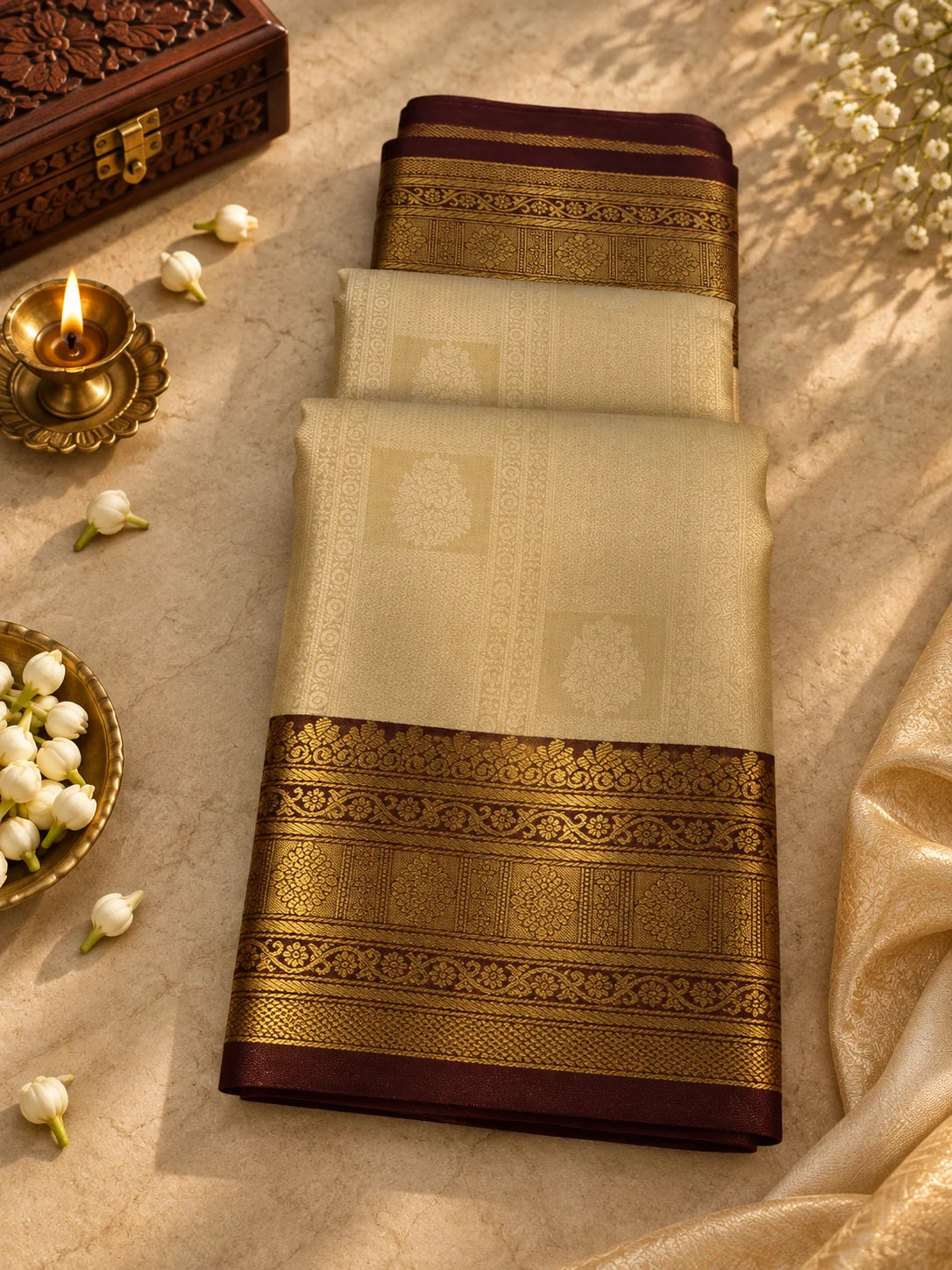 Cream Beige Silk Saree with Maroon & Antique Gold Zari Border