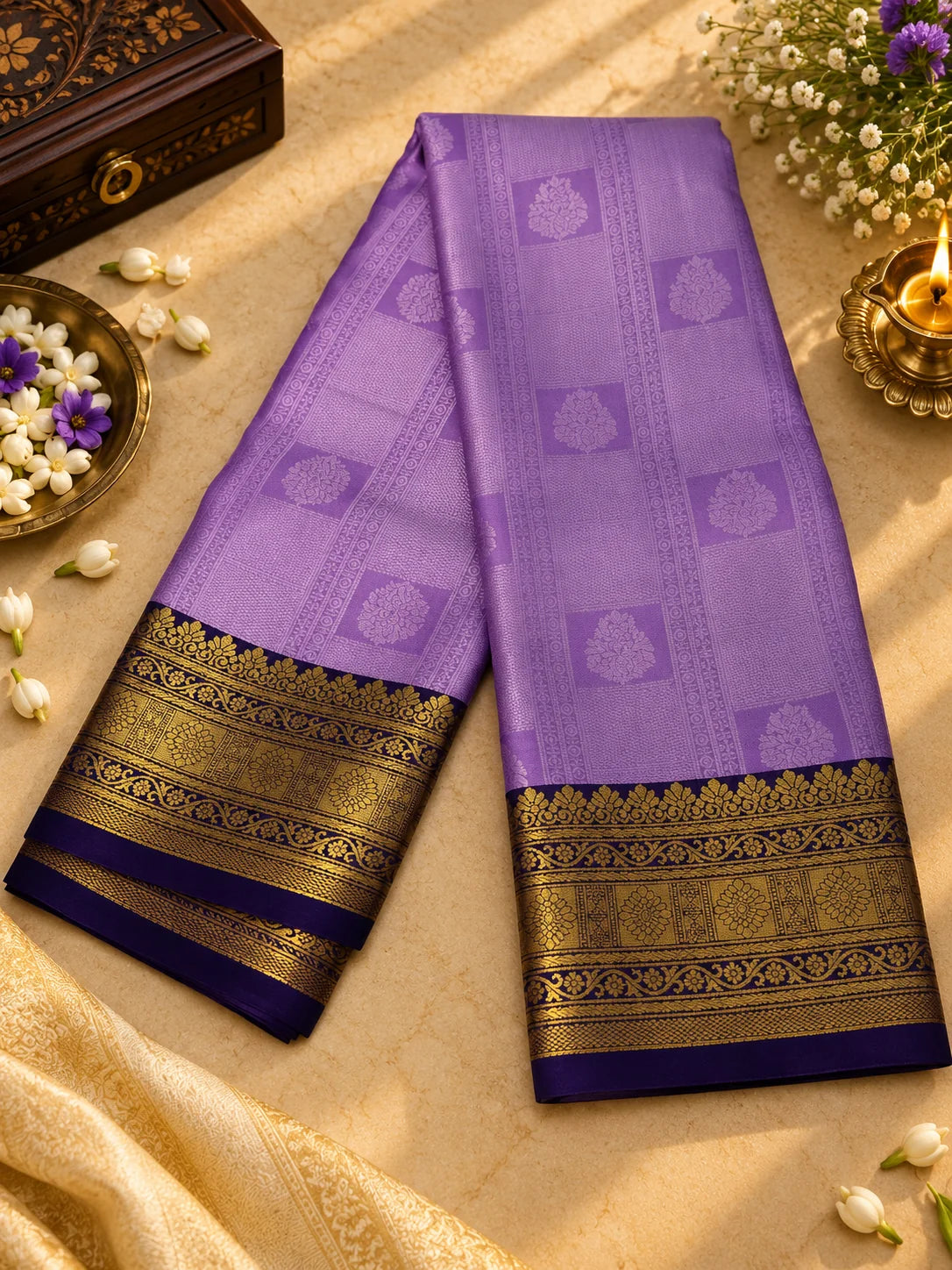 Lavender Purple Silk Saree with Navy Blue & Antique Gold Zari Border