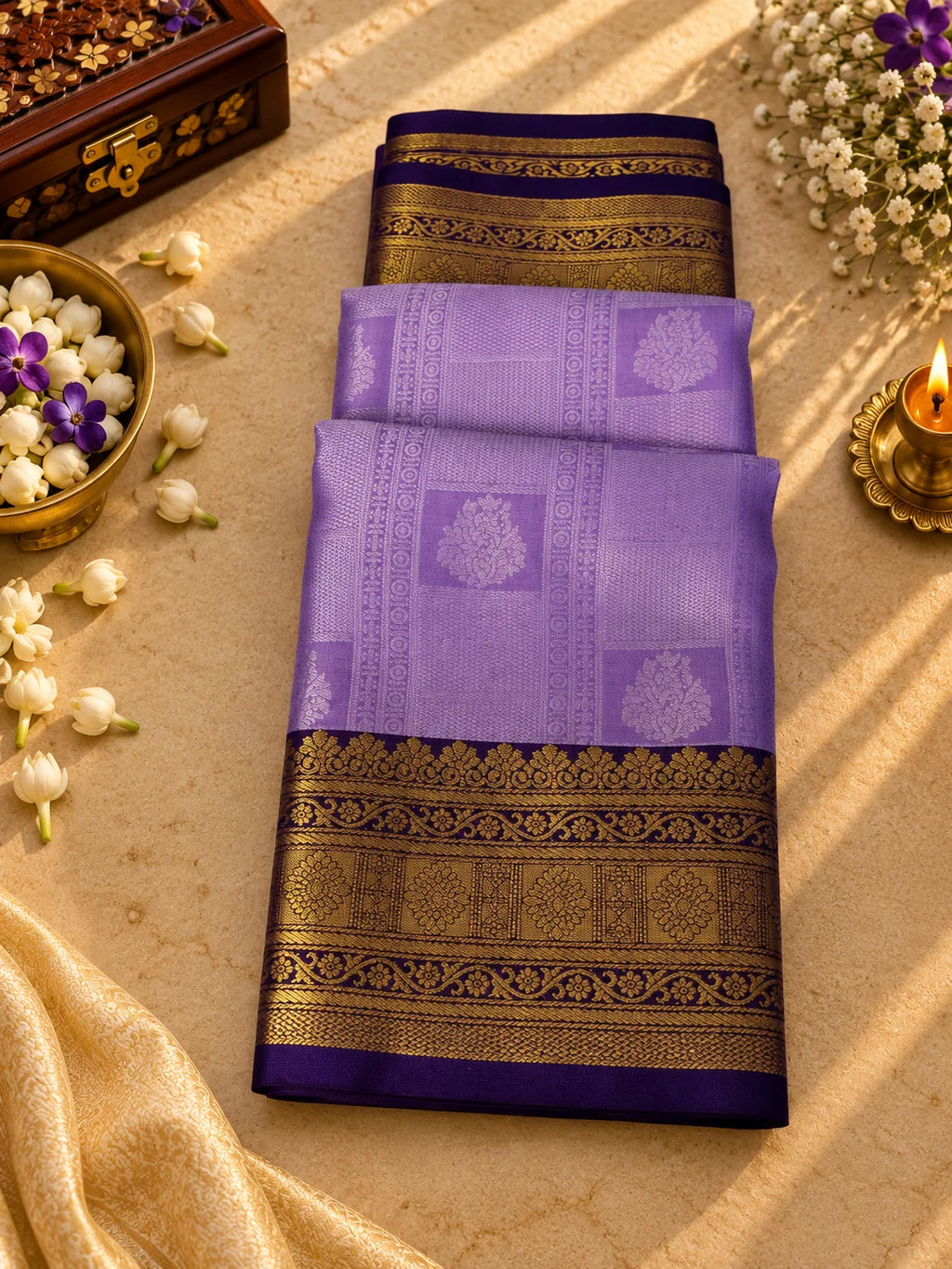 Lavender Purple Silk Saree with Navy Blue & Antique Gold Zari Border