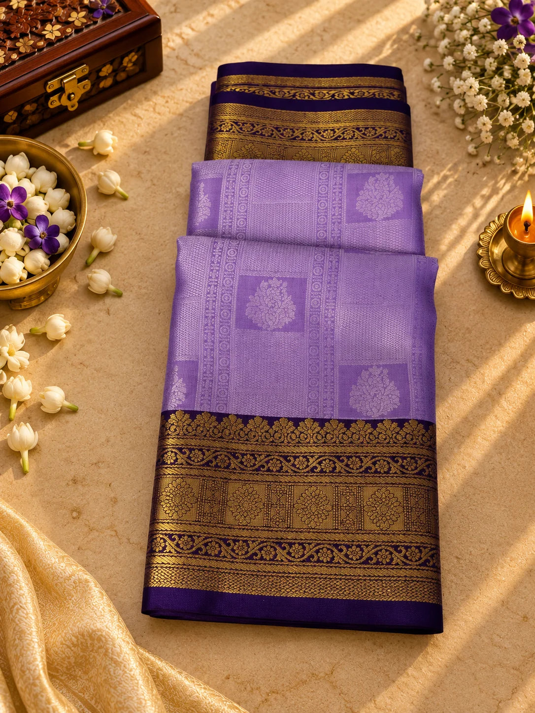 Lavender Purple Silk Saree with Navy Blue & Antique Gold Zari Border