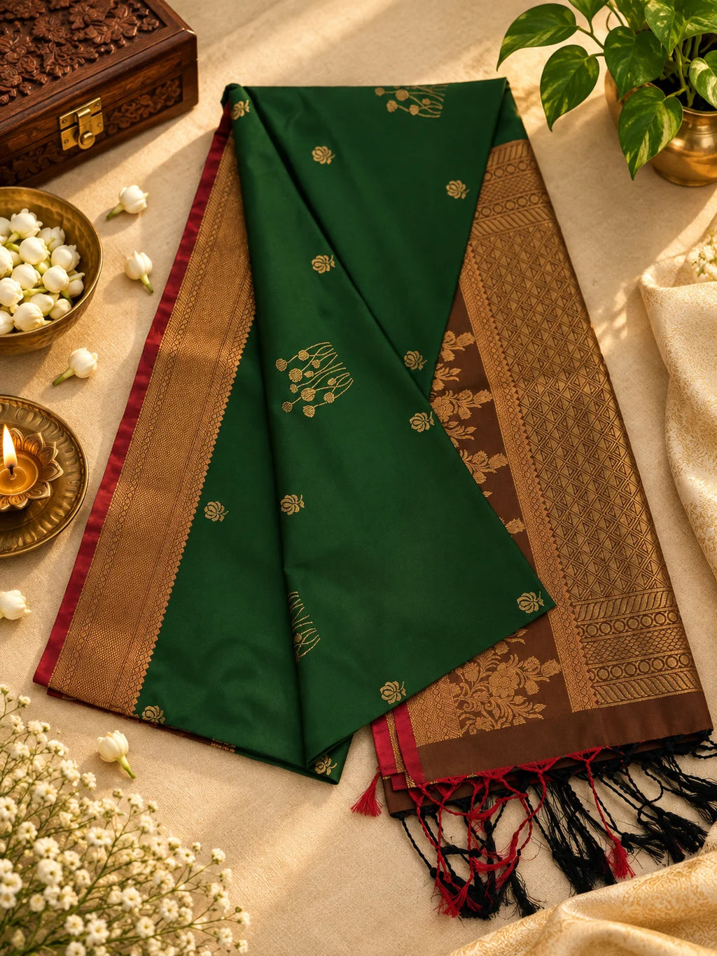 Bottle Green Silk Saree with Antique Gold Zari & Maroon Border