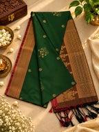 Bottle Green Silk Saree with Antique Gold Zari & Maroon Border