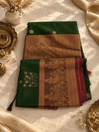 Bottle Green Silk Saree with Antique Gold Zari & Maroon Border