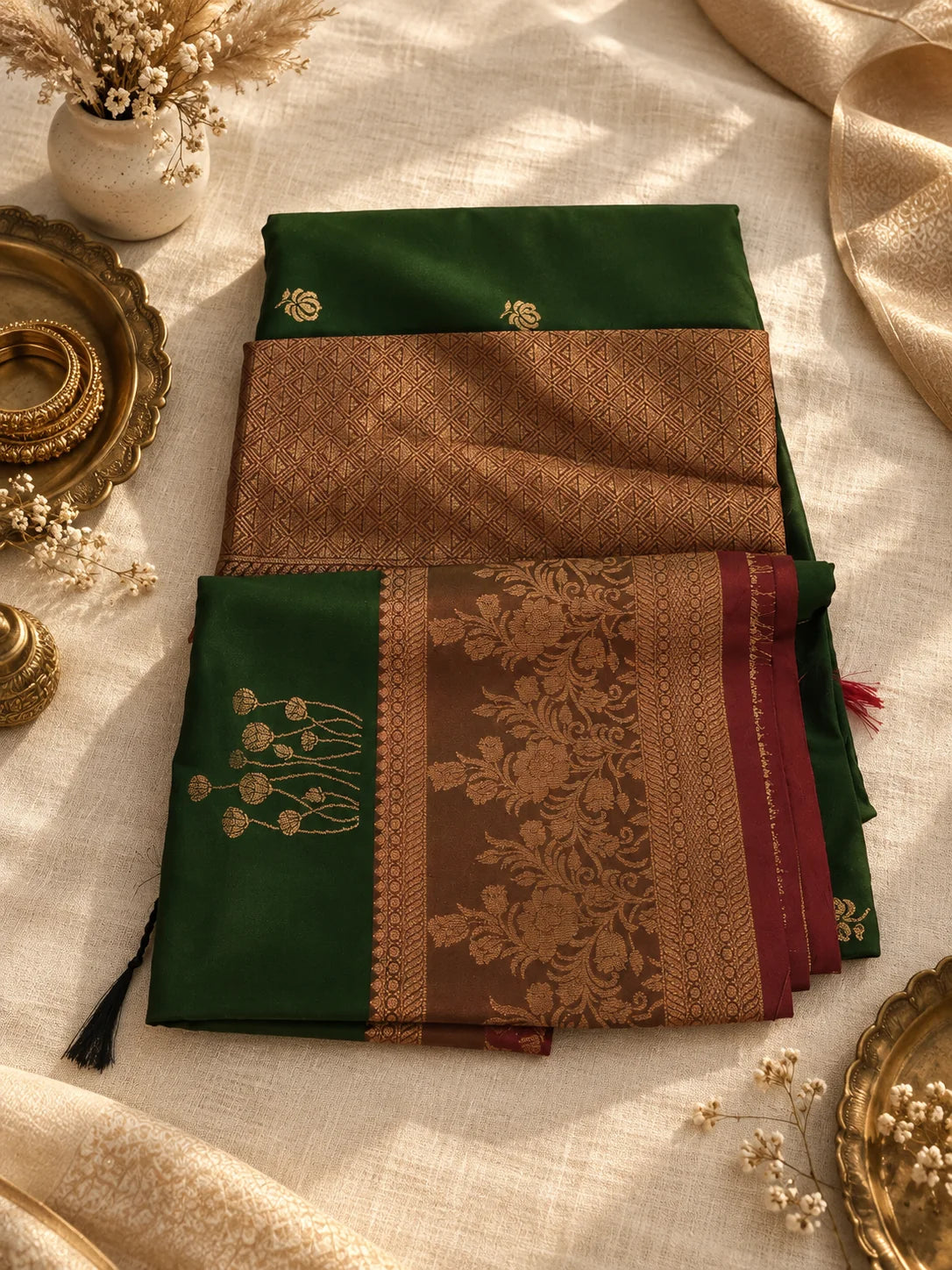 Bottle Green Silk Saree with Antique Gold Zari & Maroon Border