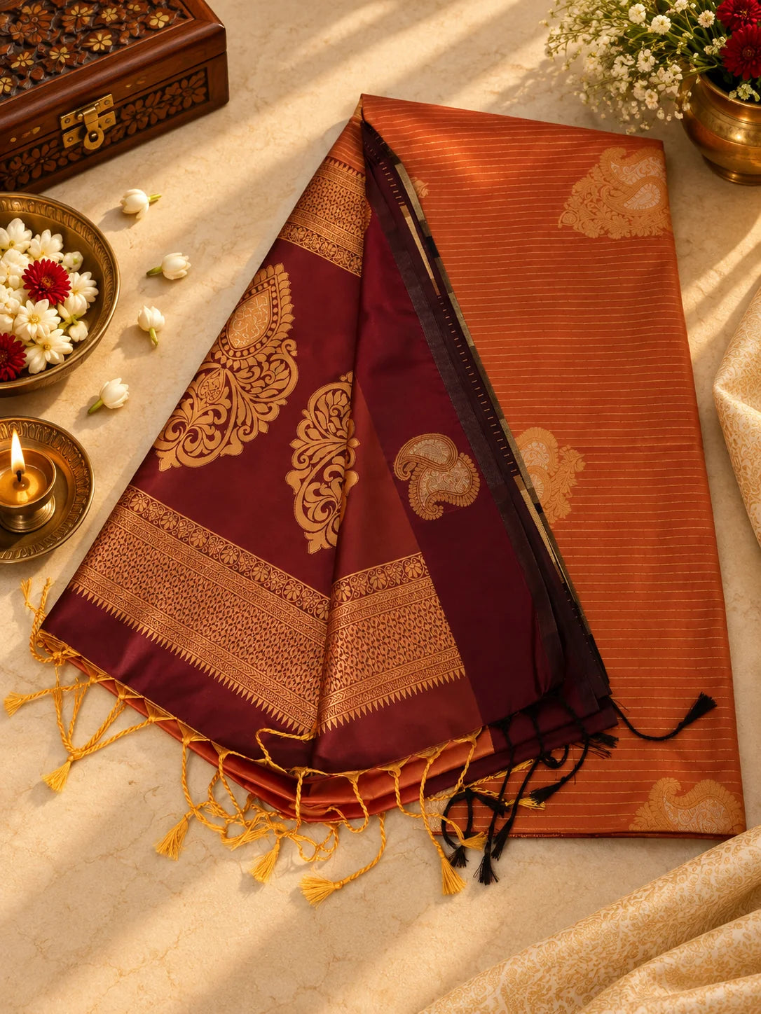 Rust Orange & Maroon Silk Saree with Antique Gold Zari