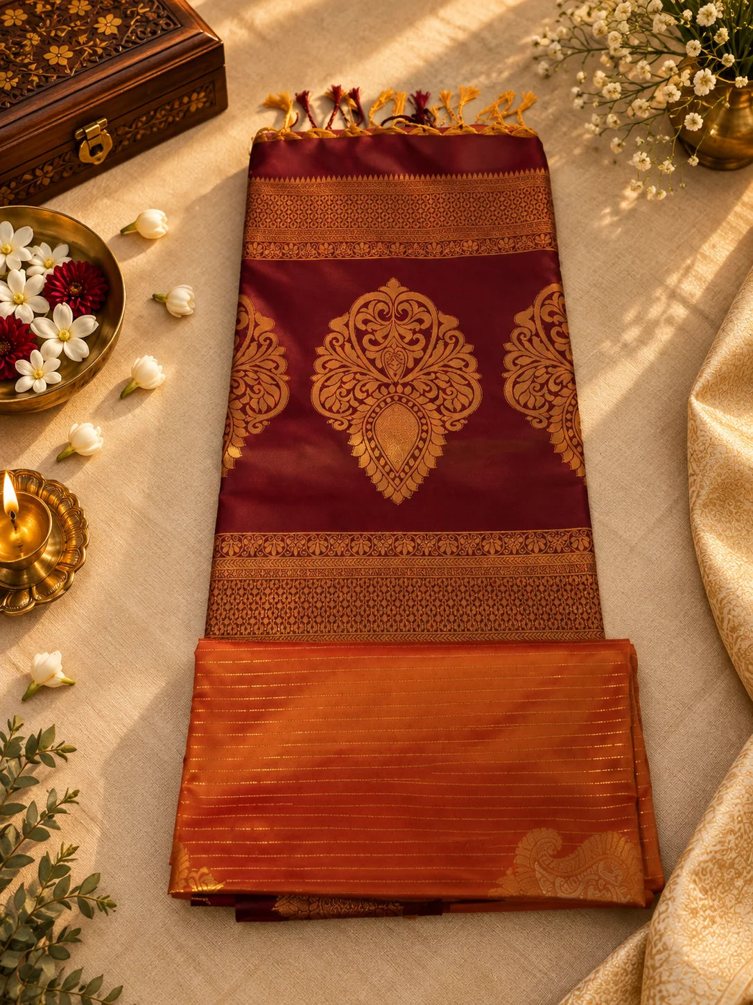 Rust Orange & Maroon Silk Saree with Antique Gold Zari