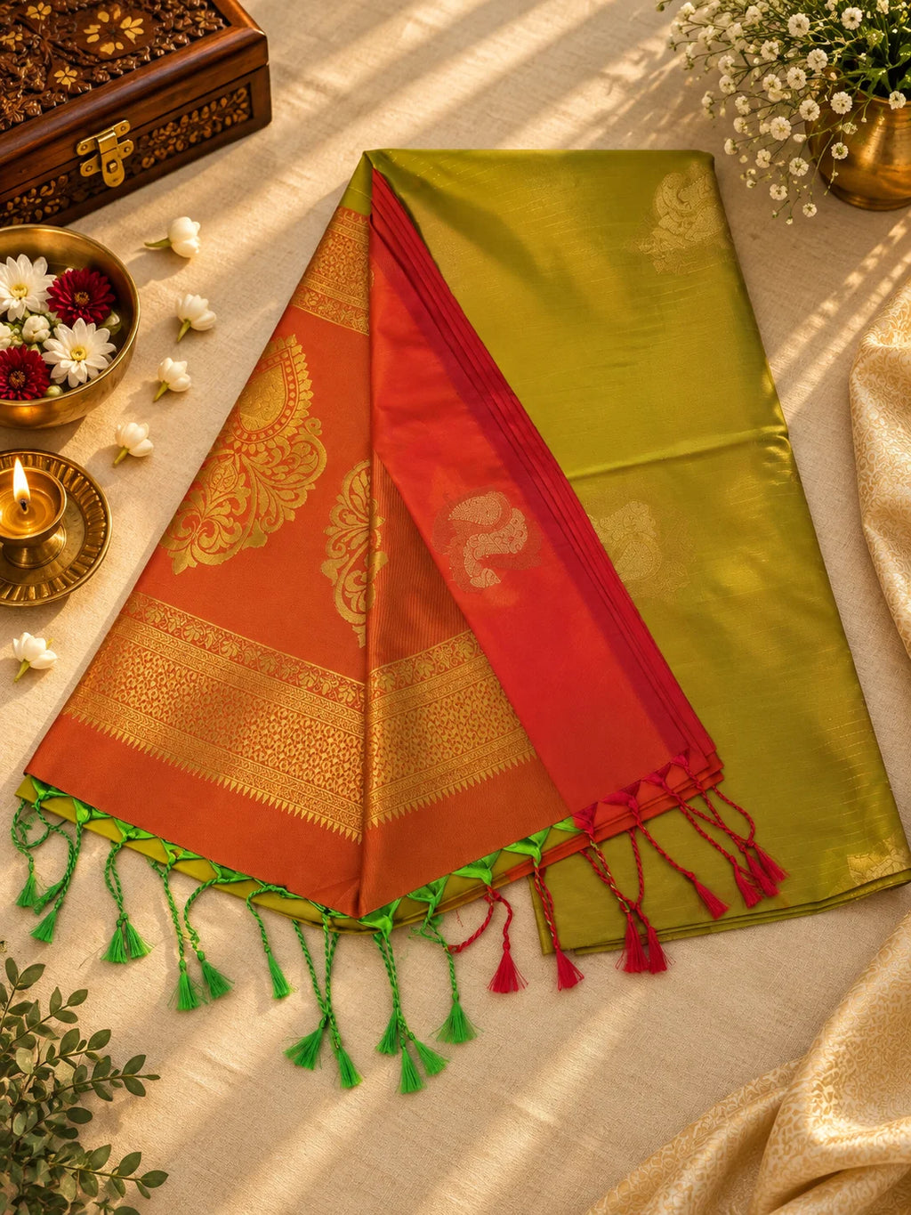 Olive Green & Vermilion Red Silk Saree with Antique Gold Zari