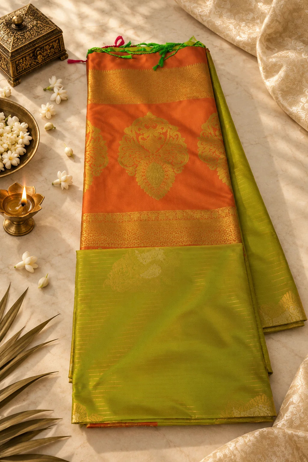 Olive Green & Vermilion Red Silk Saree with Antique Gold Zari