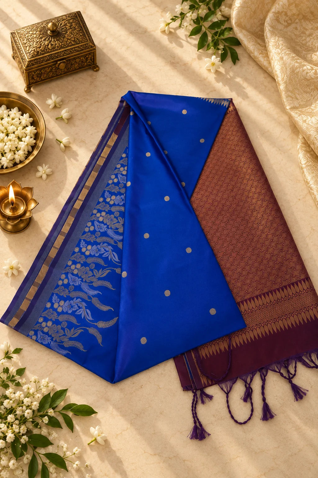 Royal Blue & Maroon Silk Saree with Gold Zari Floral Pallu