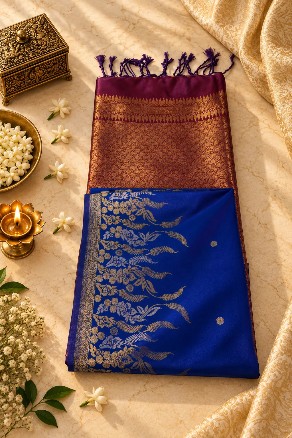 Royal Blue & Maroon Silk Saree with Gold Zari Floral Pallu