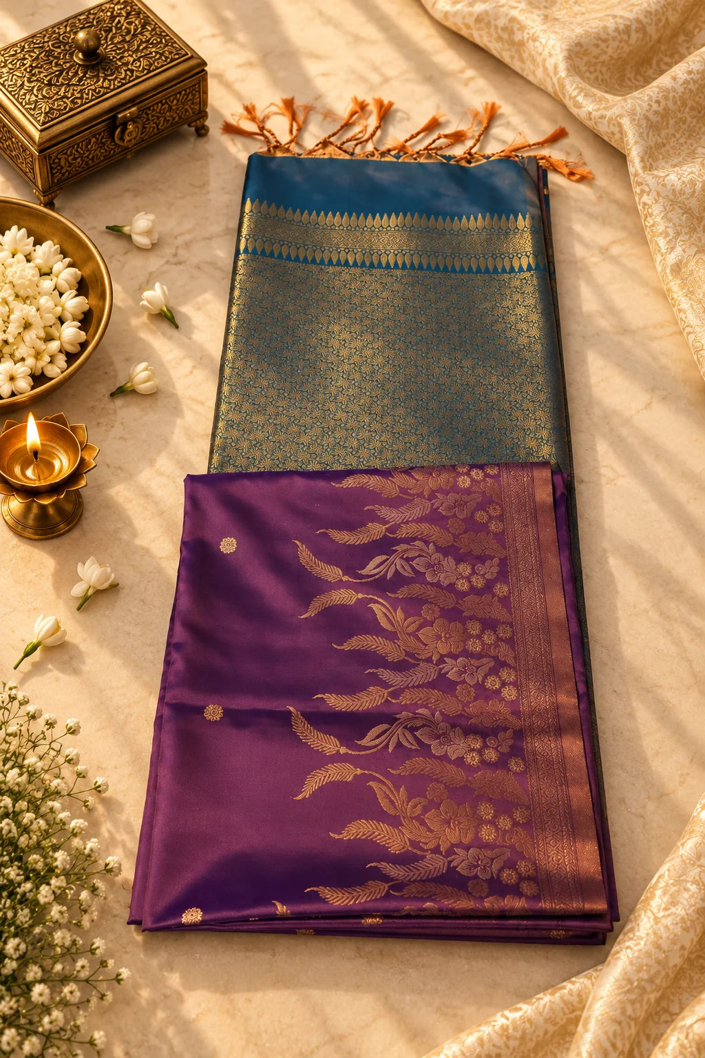 Teal Blue & Purple Silk Saree with Rich Gold Zari Floral Pallu