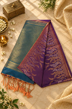 Teal Blue & Purple Silk Saree with Rich Gold Zari Floral Pallu