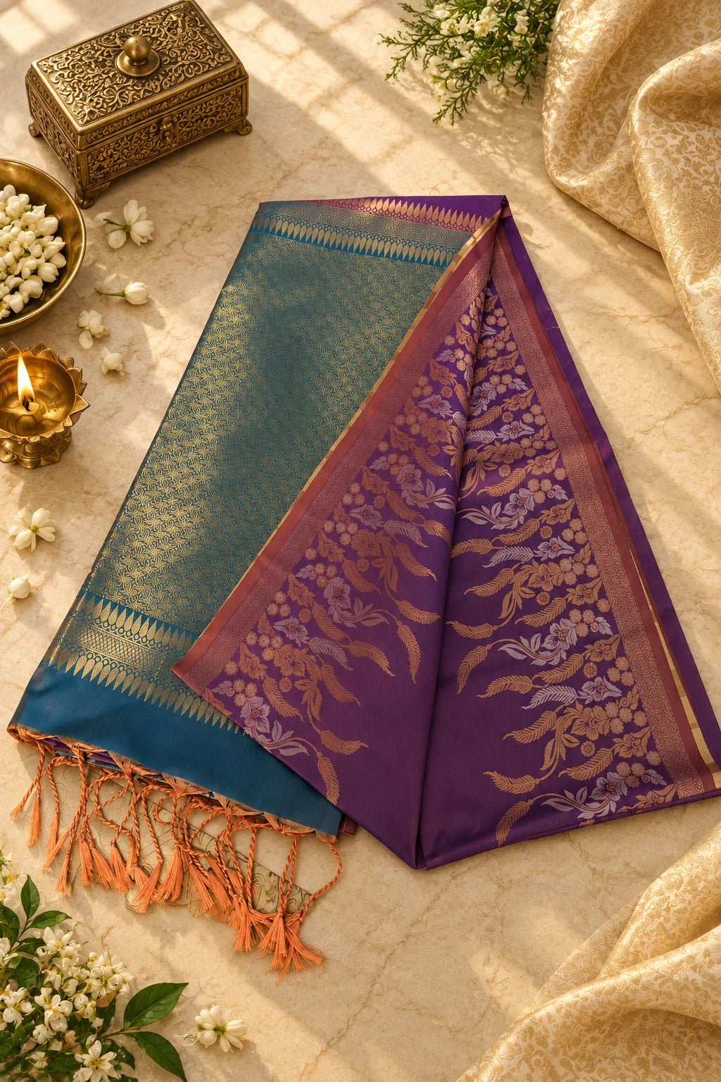 Teal Blue & Purple Silk Saree with Rich Gold Zari Floral Pallu