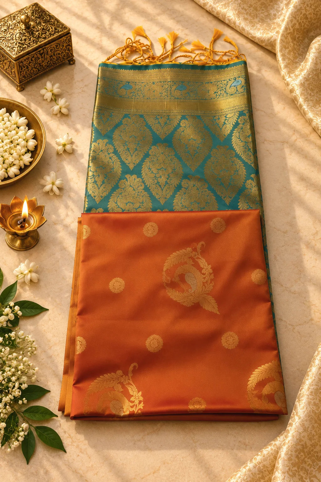Teal Blue & Orange Silk Saree with Rich Gold Zari Motifs