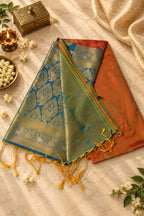 Teal Blue & Orange Silk Saree with Rich Gold Zari Motifs